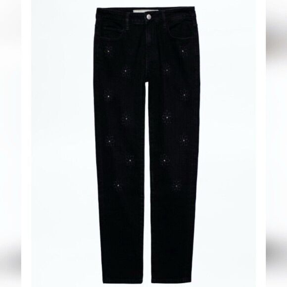 Brockenbow Zadig Voltaire Ritz Jeans Embellished Floral Black Distressed Size 26 - Picture 1 of 10